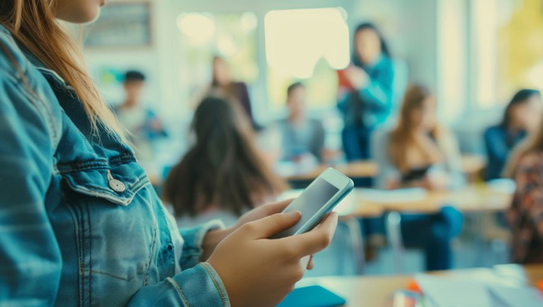 A student holding their phone in the classroom